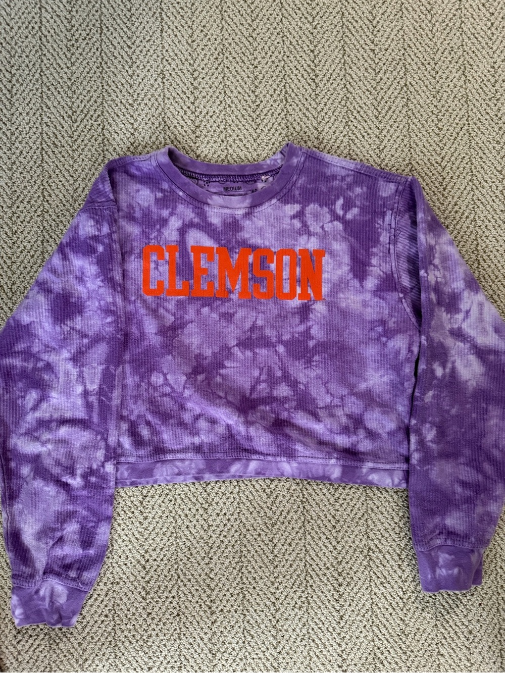Tie-Dye Purple Cropped Sweatshirt with Orange Clemson Logo